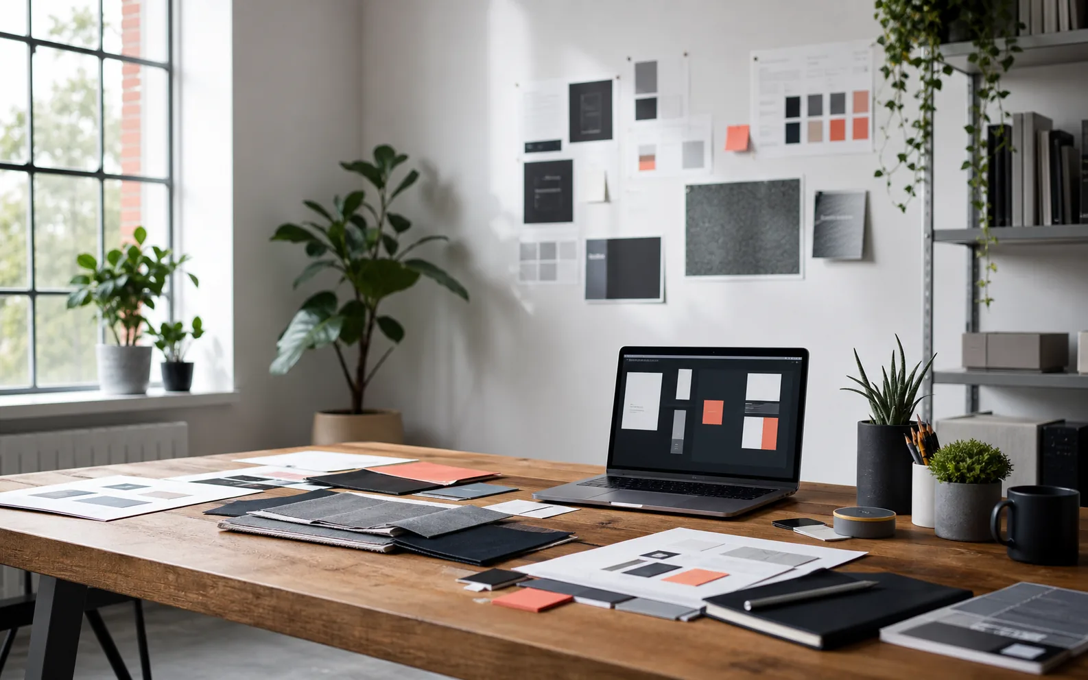 Creative studio with design materials arranged across a shared worktable